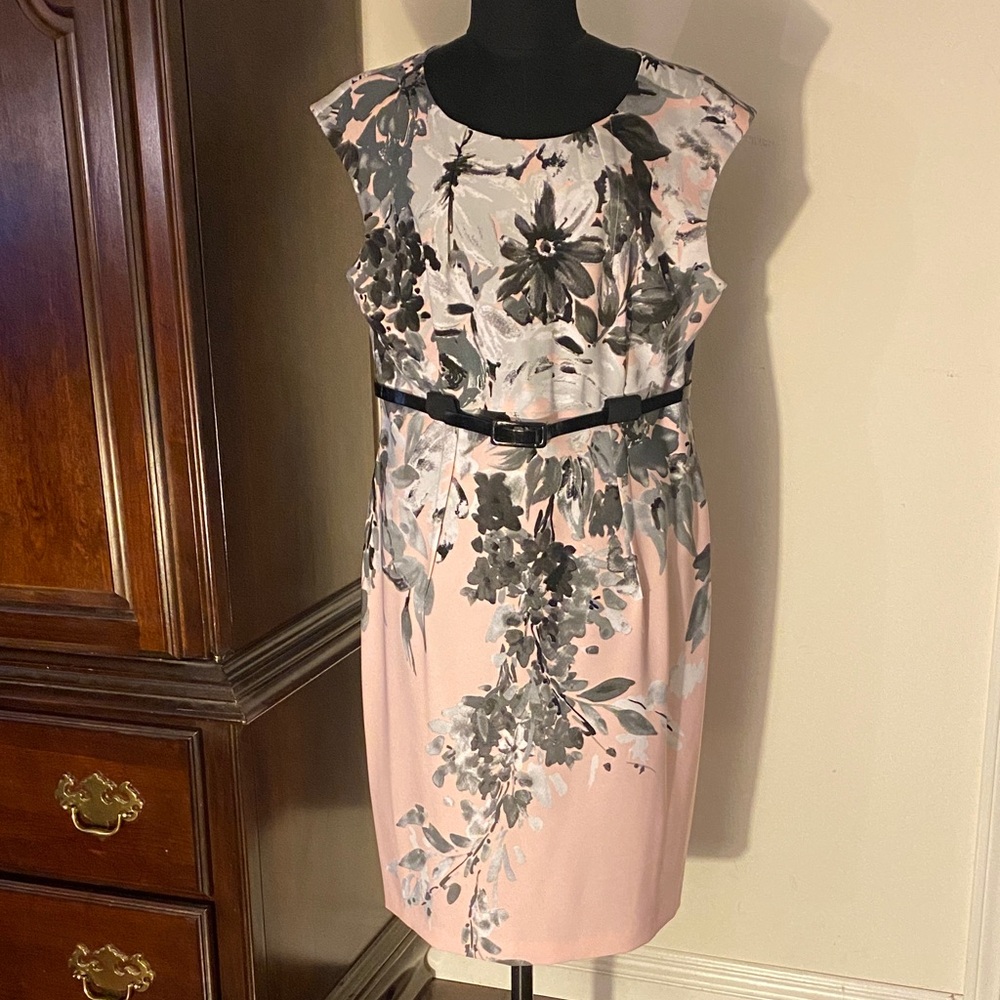 Connected Apparel Black and Pink Floral Midi Dress with patent leather belt.